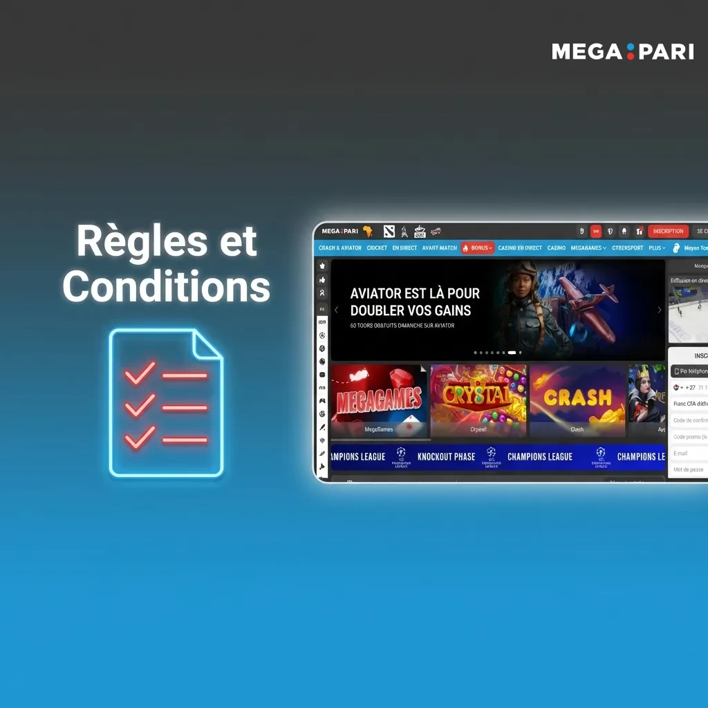 Megapari terms and conditions page showing user rights, age requirements, and account rules for Burkina Faso players