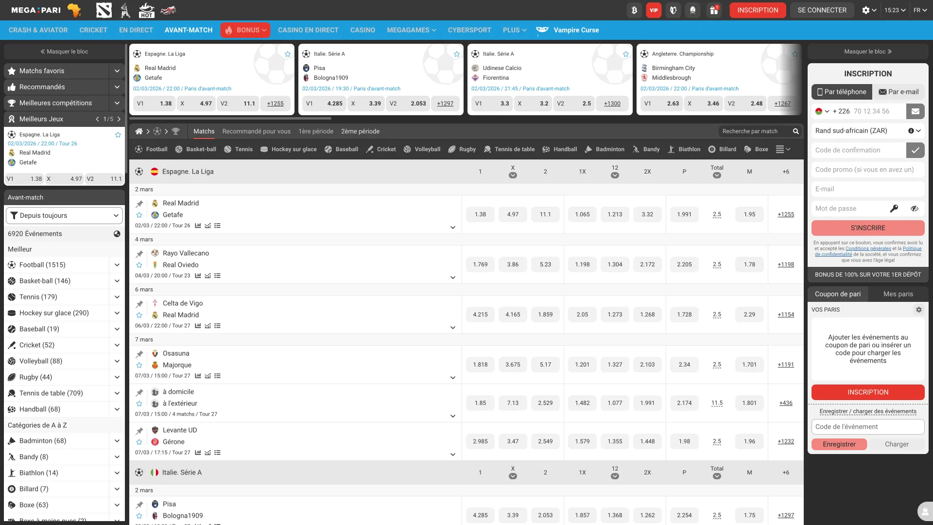 Paris sportifs sur le site Megapari.