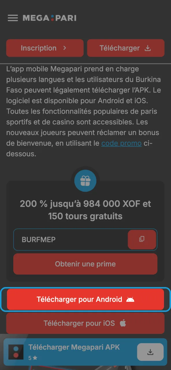 Accès au bouton Android pour installer Megapari.