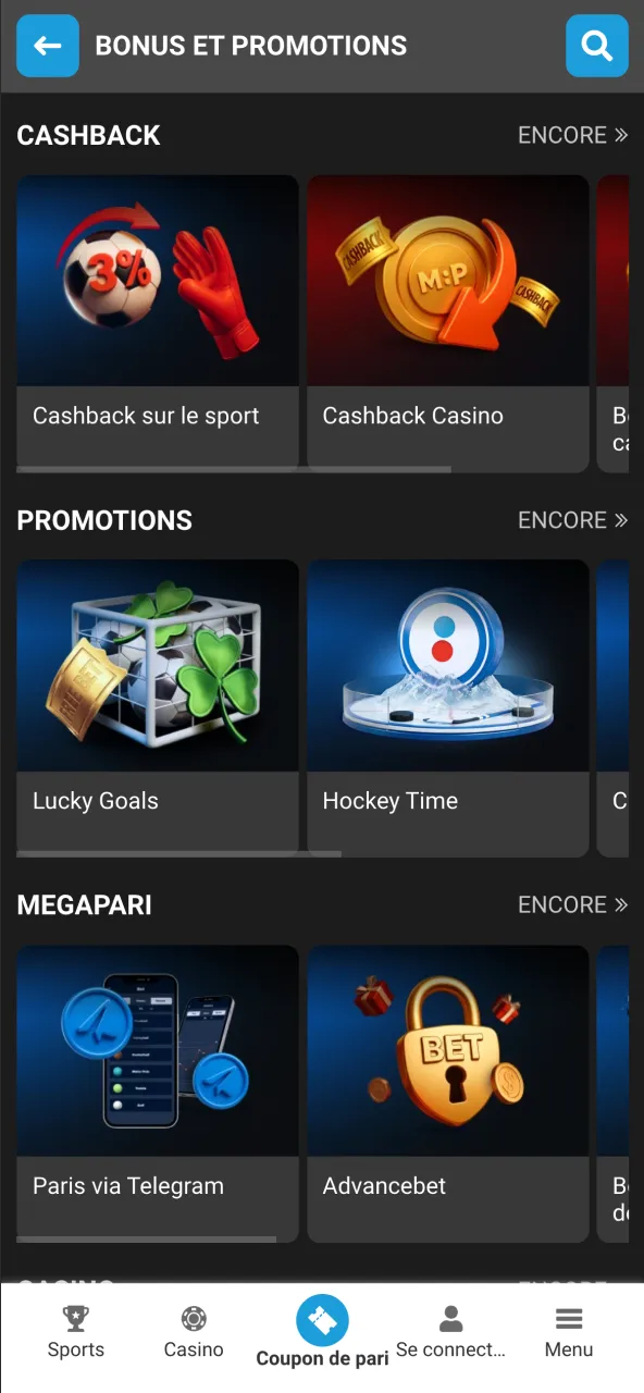 Bonus et promotions dans l'application Megapari.