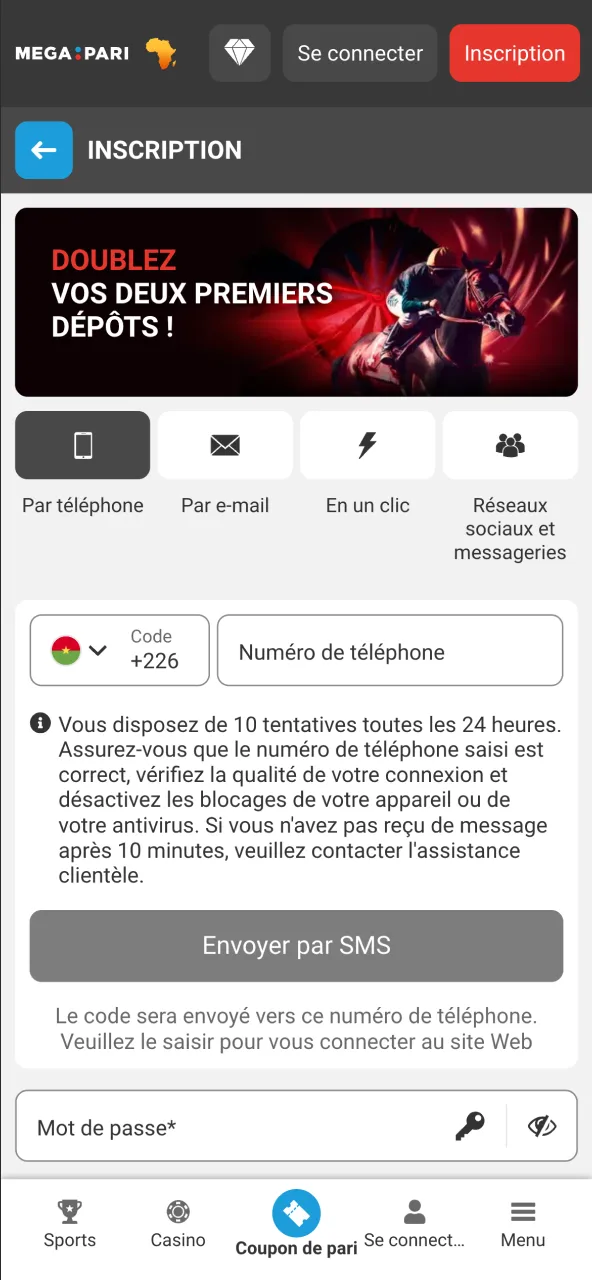 Formulaire d'inscription dans l'application Megapari.