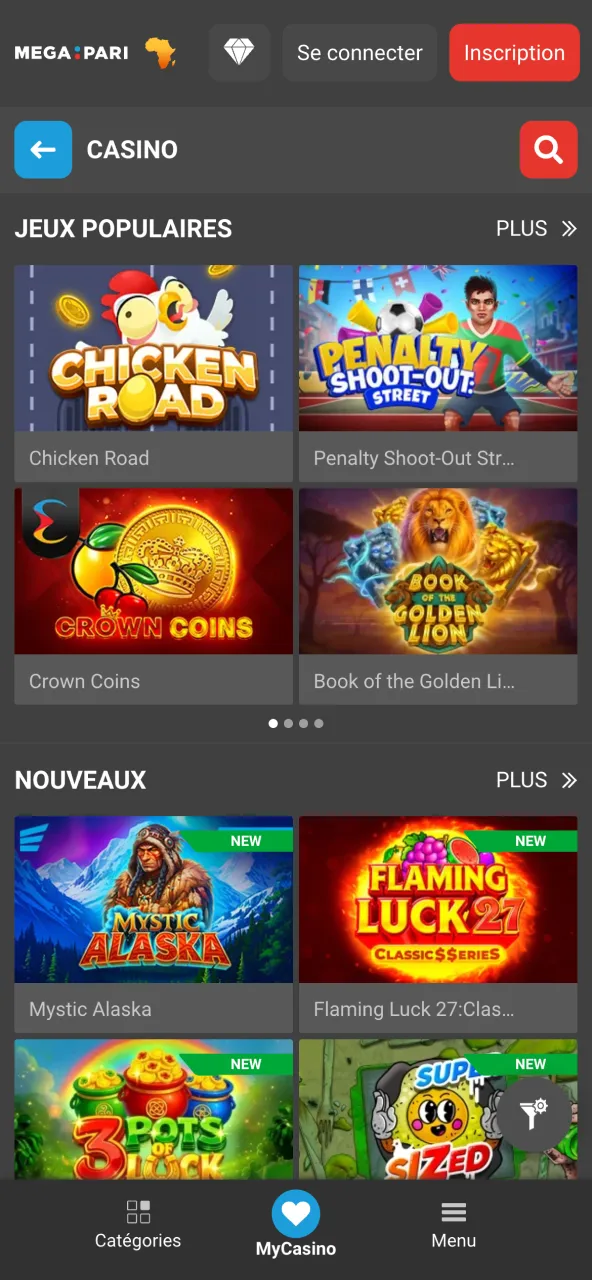 Machines à sous et jeux dans l'application Megapari.