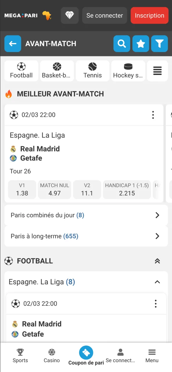 Paris sportifs sur l'application Megapari.