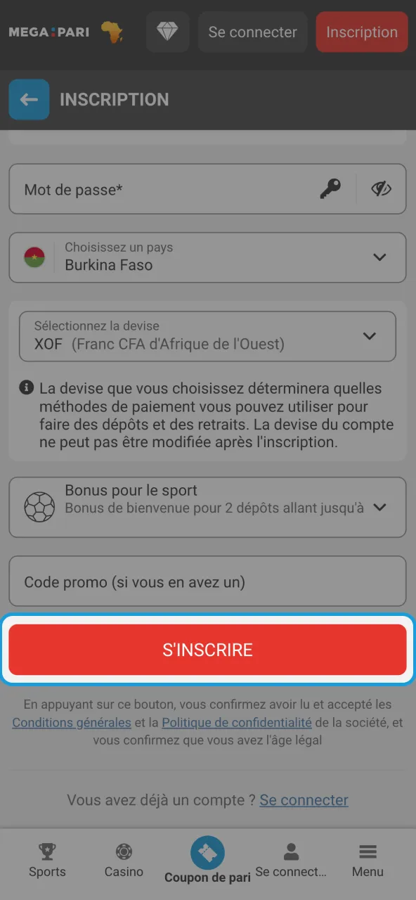 Compte Megapari créé après acceptation conditions.