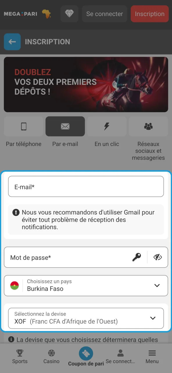 Entrer informations et sélectionner XOF sur Megapari.