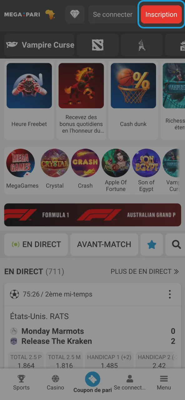 Lancer Megapari et appuyer sur inscription.