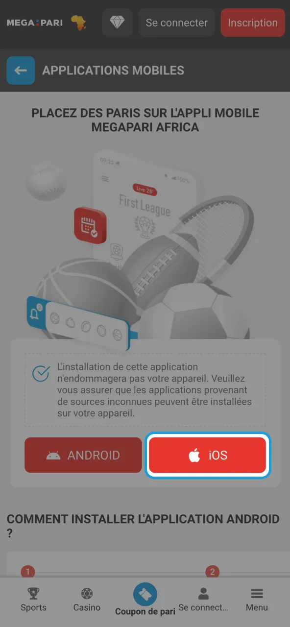 Page iOS Megapari avec étapes d’installation.