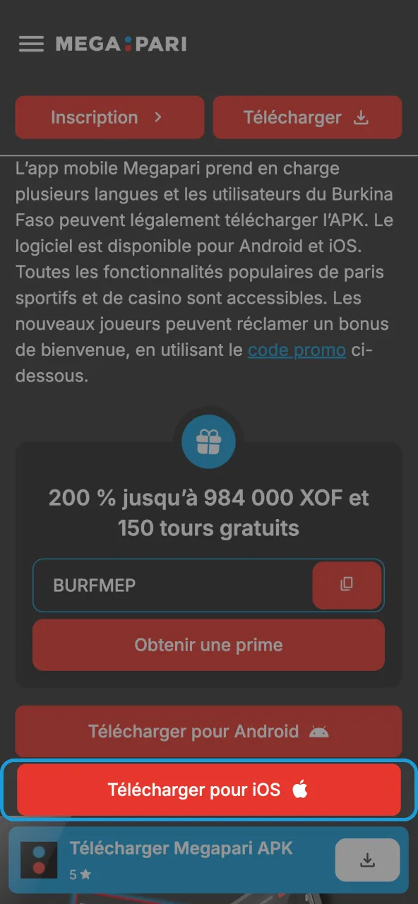 Cliquez pour ouvrir téléchargement iOS Megapari.