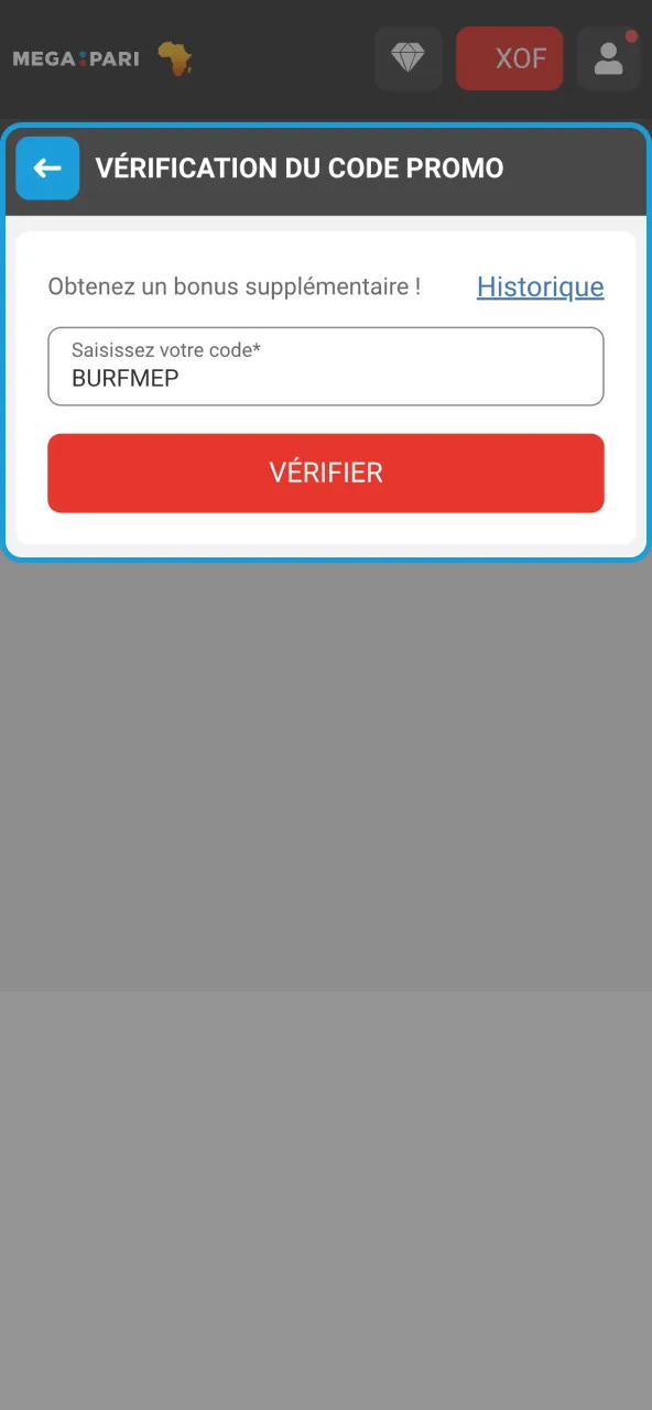 Valider paiement avec code promo Megapari.