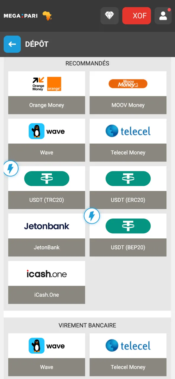 Effectuer dépôt via votre option préférée Megapari.