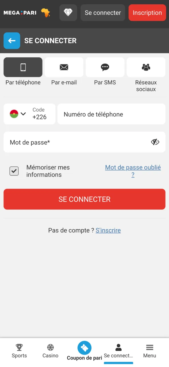 Se connecter à Megapari avec identifiants.