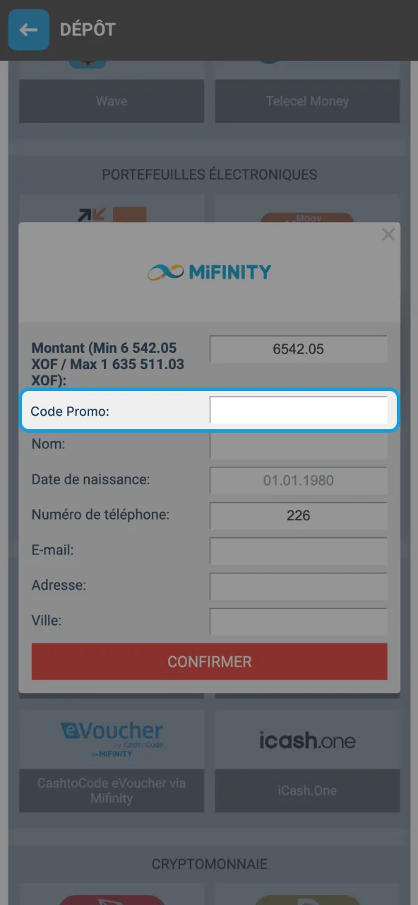 Saisir code promo Megapari lors dépôt.