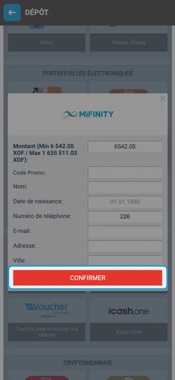 Confirmer dépôt pour recevoir bonus sur Megapari.