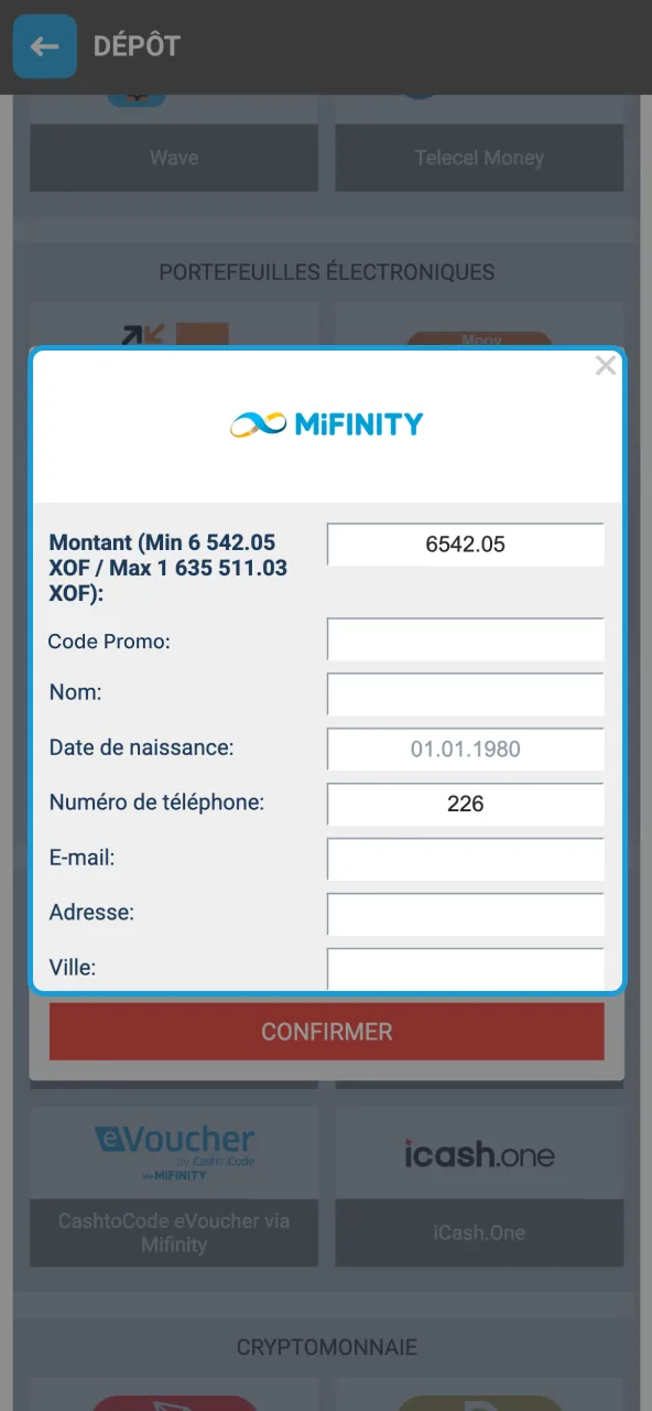 Indiquer montant et moyen de paiement Megapari.
