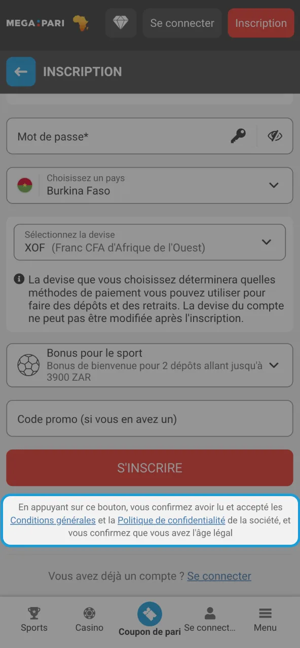 Confirmation lecture conditions avant inscription Megapari.