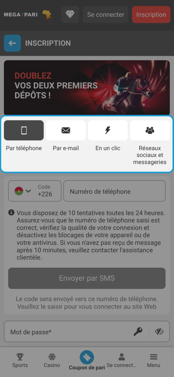 Créer compte Megapari avec méthode préférée.