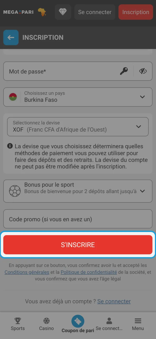 Finaliser activation du profil Megapari.
