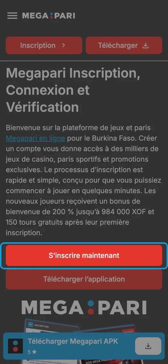 Bouton pour ouvrir inscription sur Megapari.