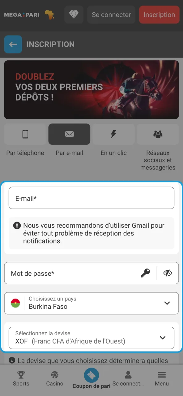 Entrer données et sélectionner XOF pour Megapari.