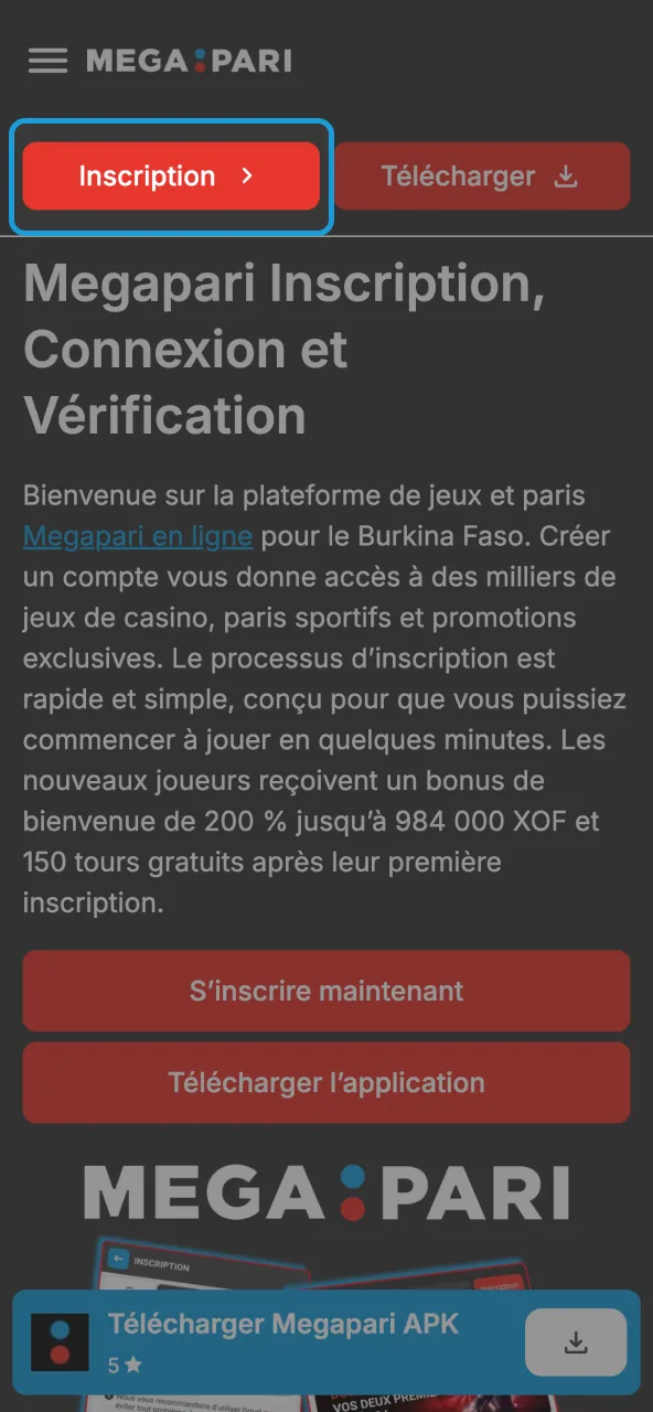 Ouvrir site Megapari pour se connecter.