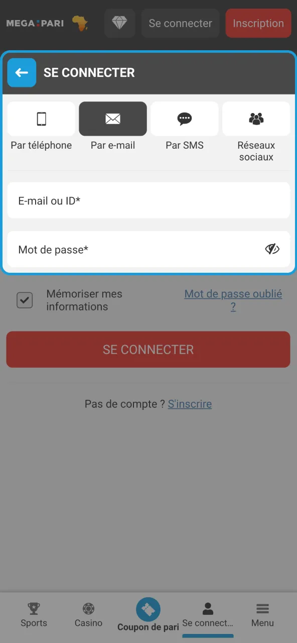 Accéder à Megapari avec identifiants personnels.