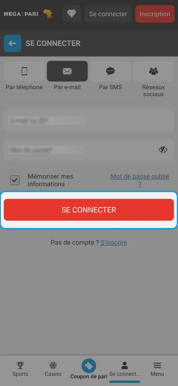 Bouton connexion pour ouvrir compte Megapari.