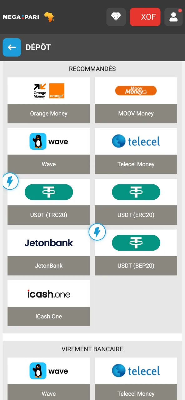 Méthode de dépôt choisie via Megapari.