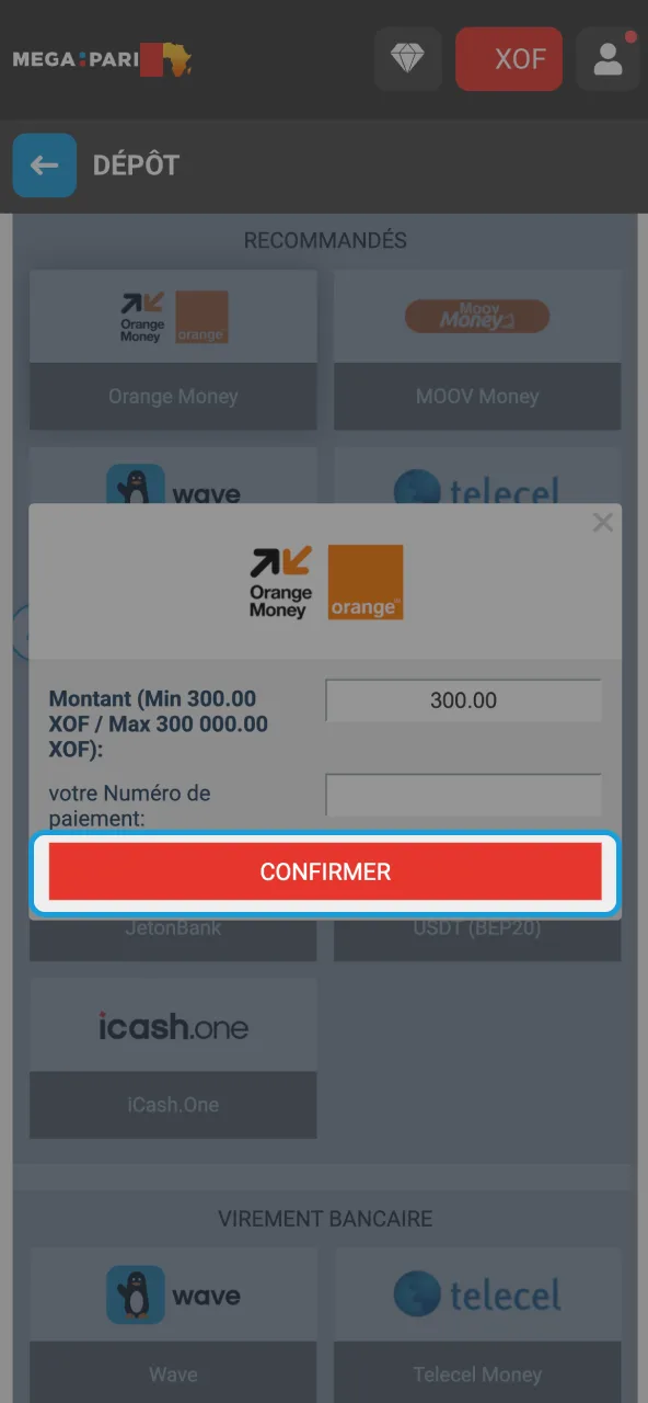 Valider transaction pour crédit instantané Megapari.