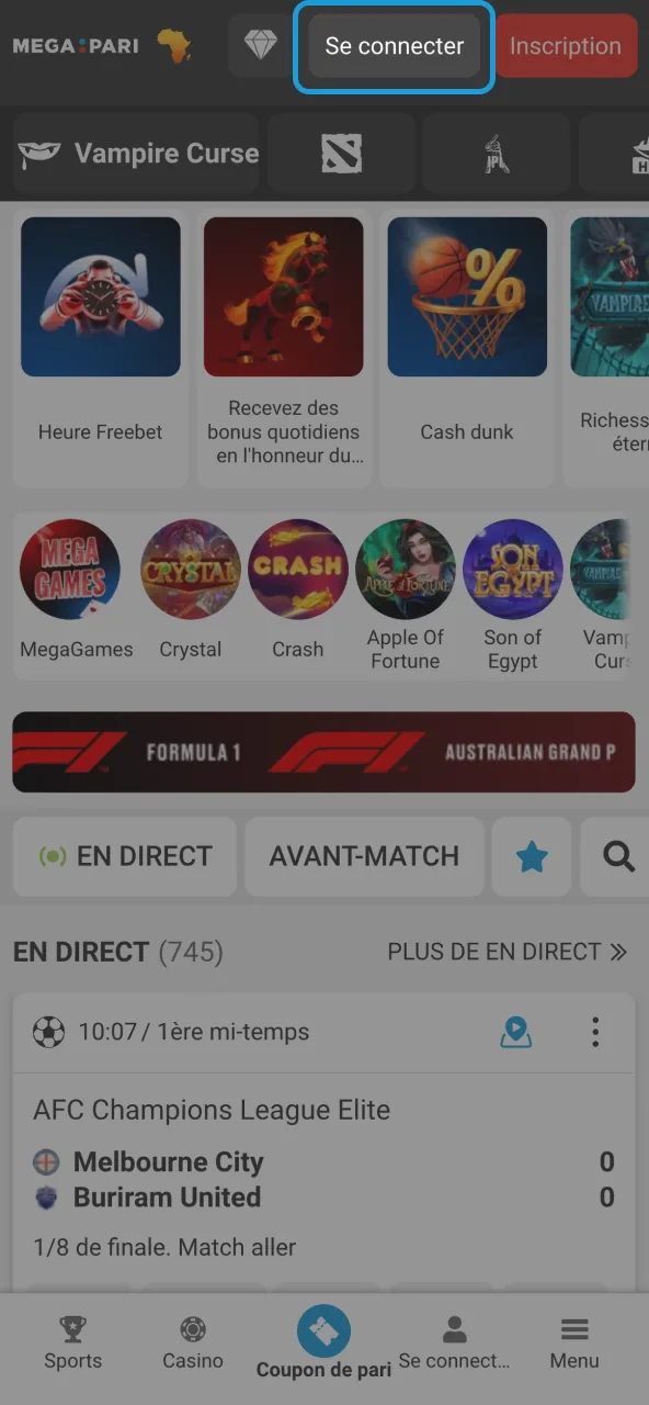 Bouton connexion pour ouvrir compte Megapari.