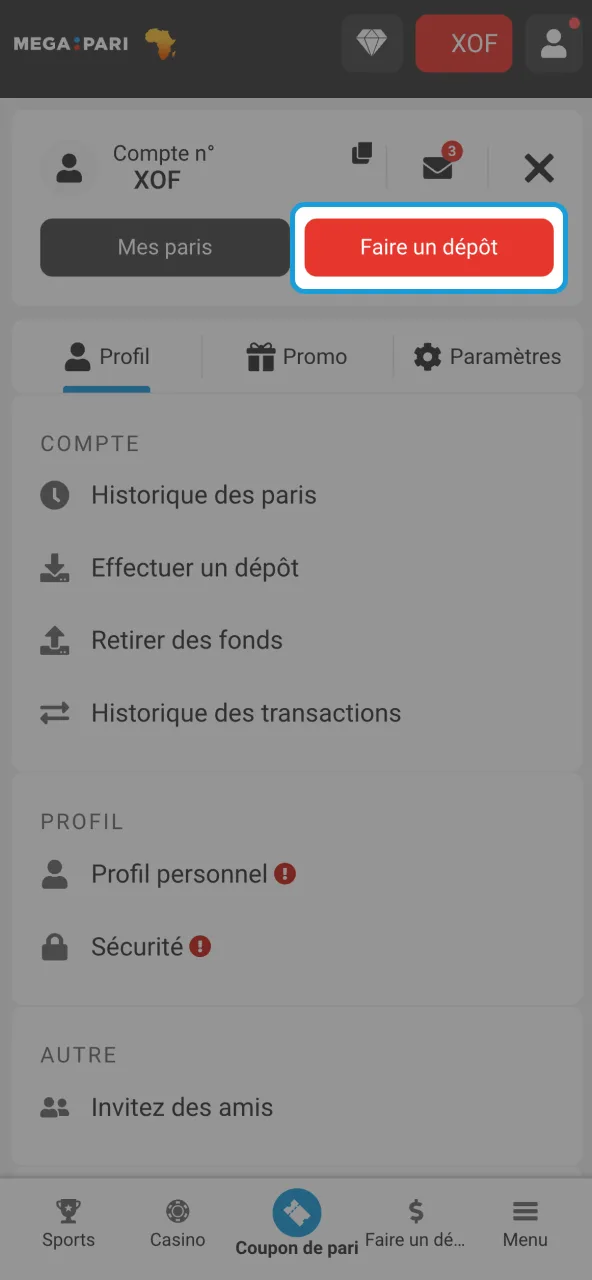 Cliquer bouton dépôt dans profil Megapari.