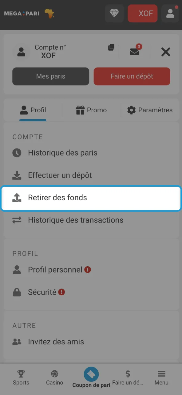 Cliquer bouton retrait dans espace Megapari.