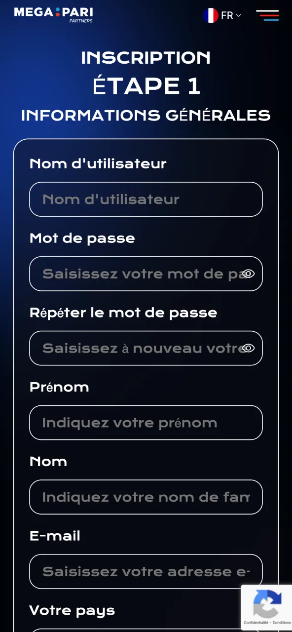 Créer compte partenaire avec informations personnelles Megapari.